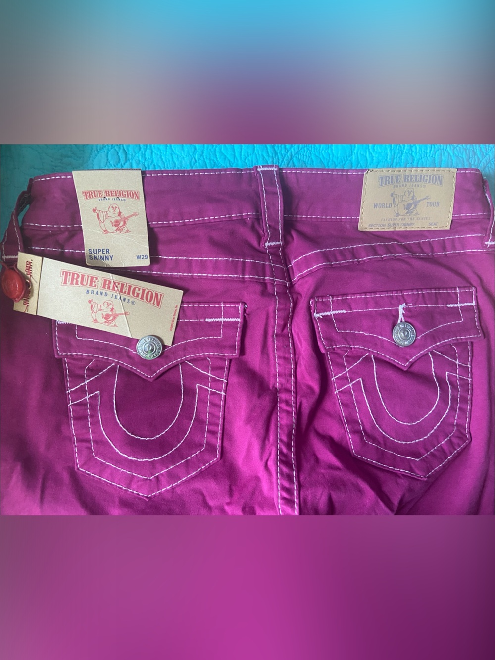 True Religion Women’s Super Skinny Jeans in Boysenberry Pink - Picture 8 of 10